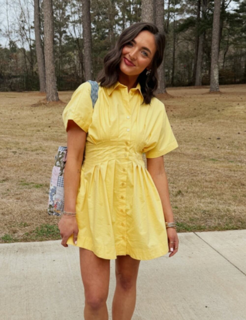 EXQUISE The Tobie Button-Front Pleated Mini Shirtdress in Yellow Size Medium